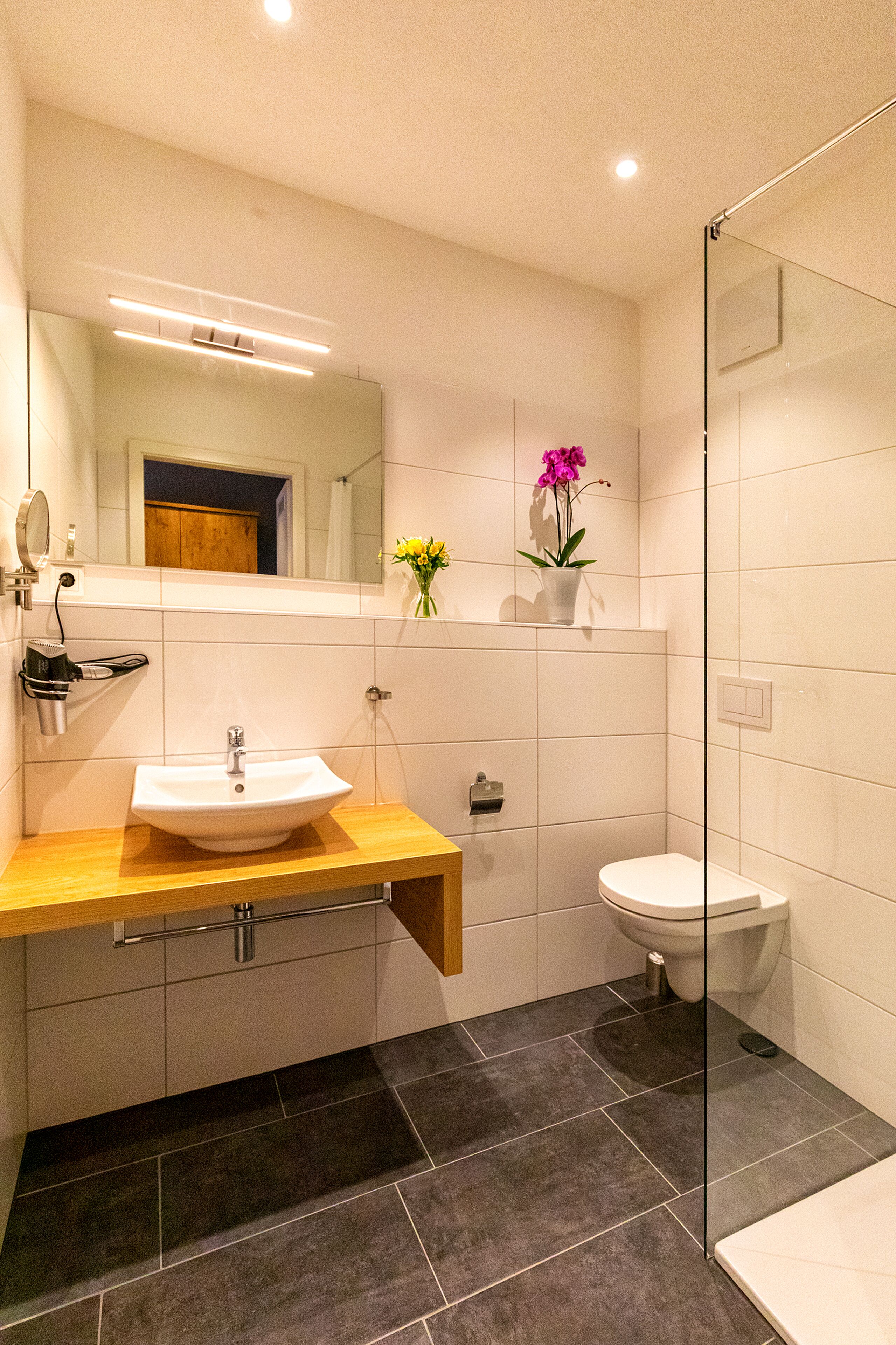 double room | bathroom | shower, rainfall showerhead, hair dryer, heated floors