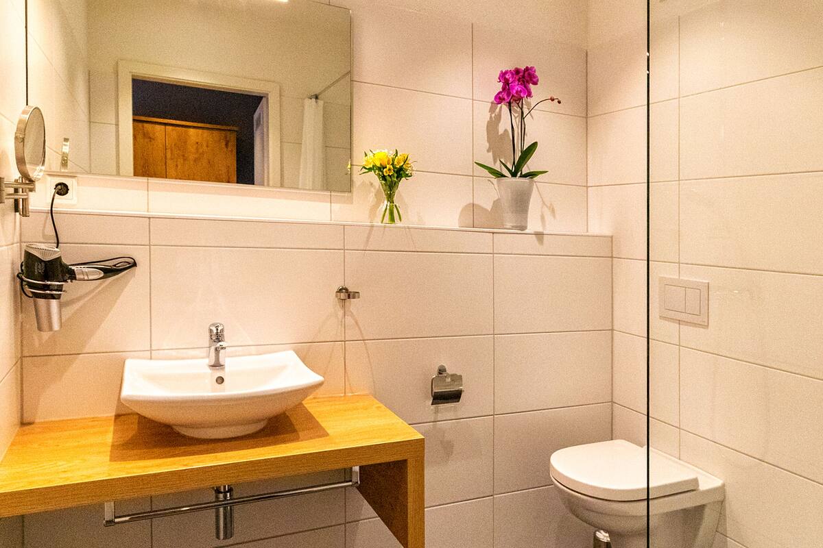 double room | bathroom | shower, rainfall showerhead, hair dryer, heated floors