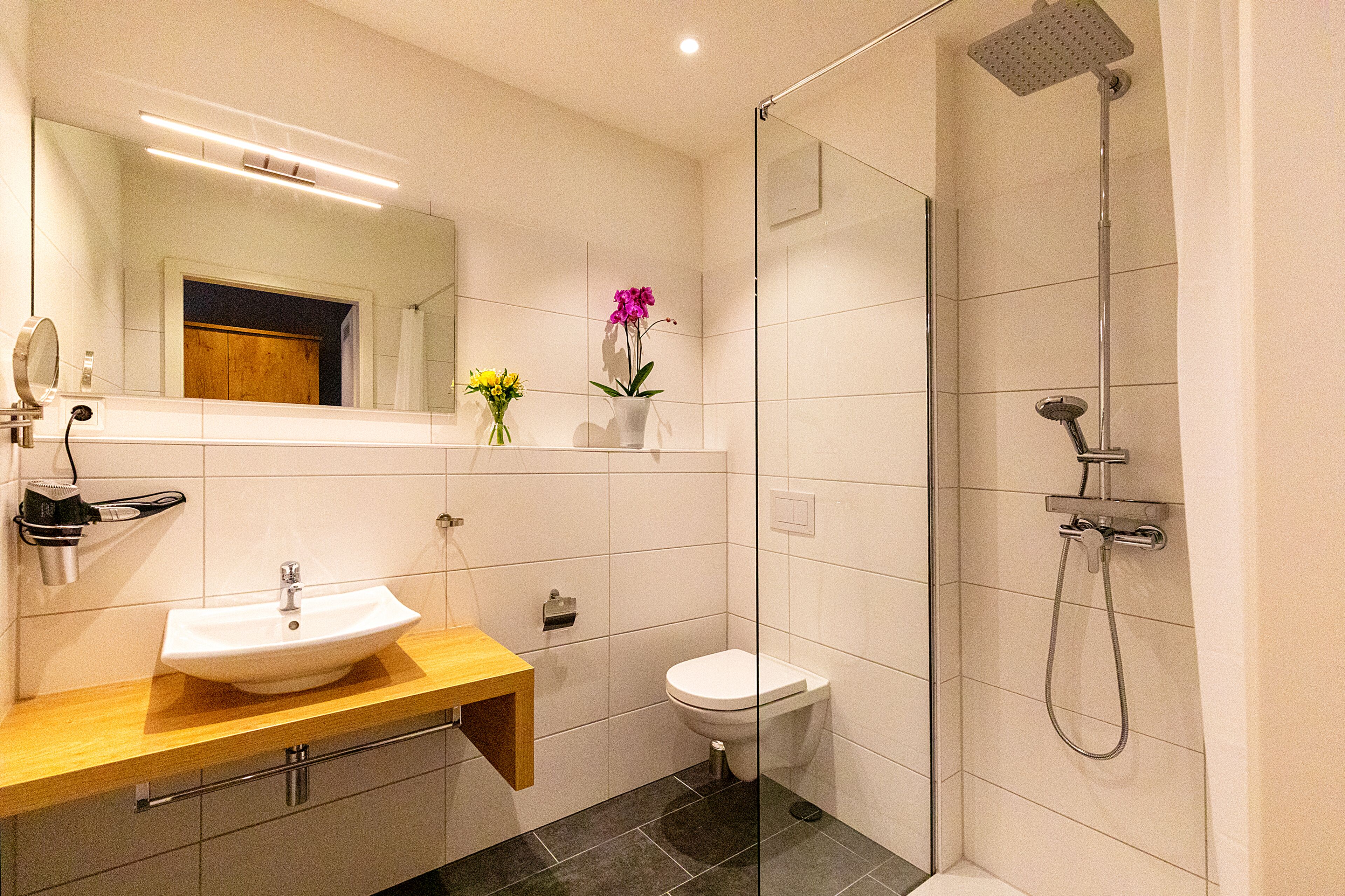 double room | bathroom | shower, rainfall showerhead, hair dryer, heated floors