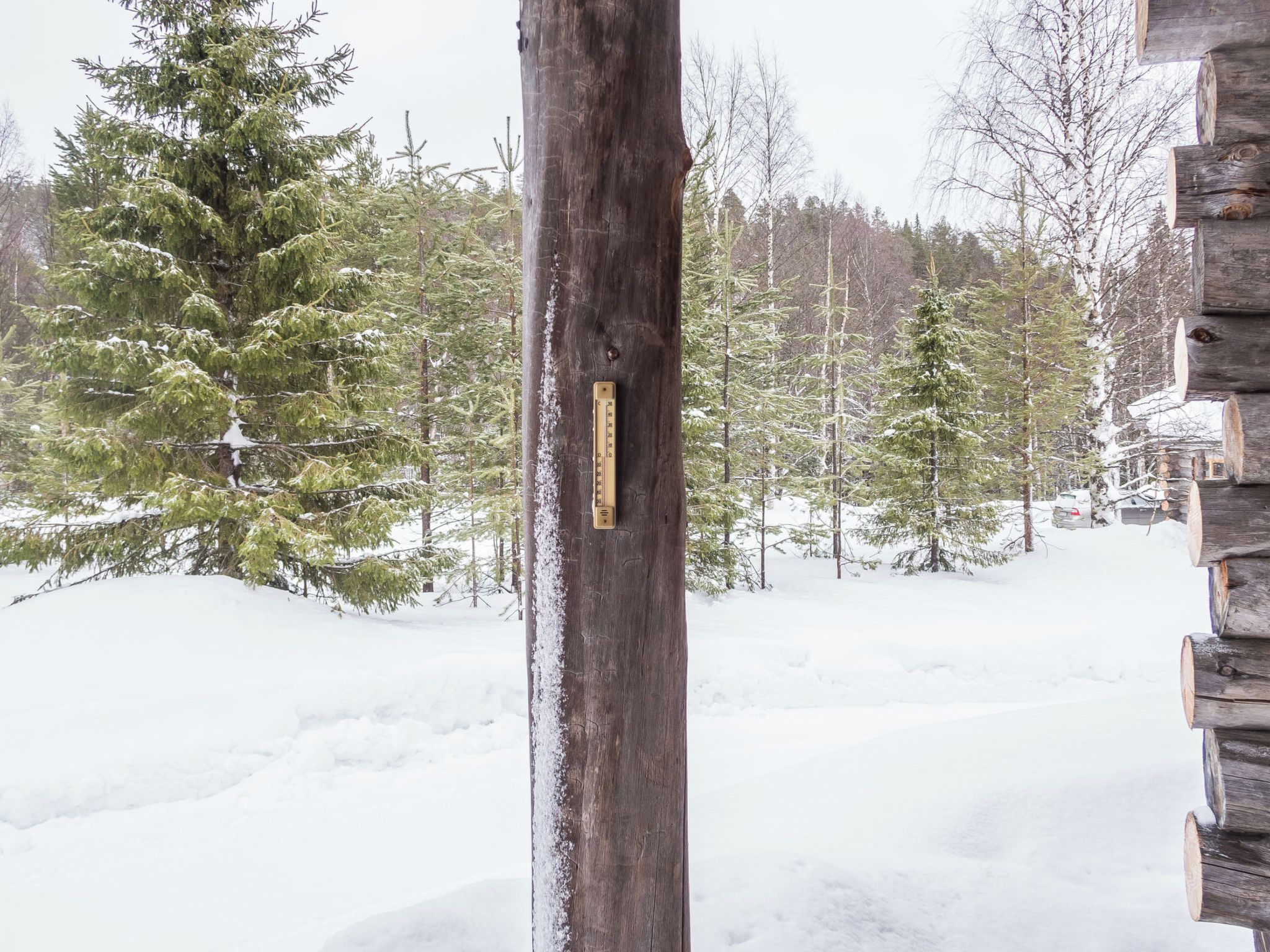 Un paysage enneigé avec une cabane en bois et un thermomètre fixé à un arbre.