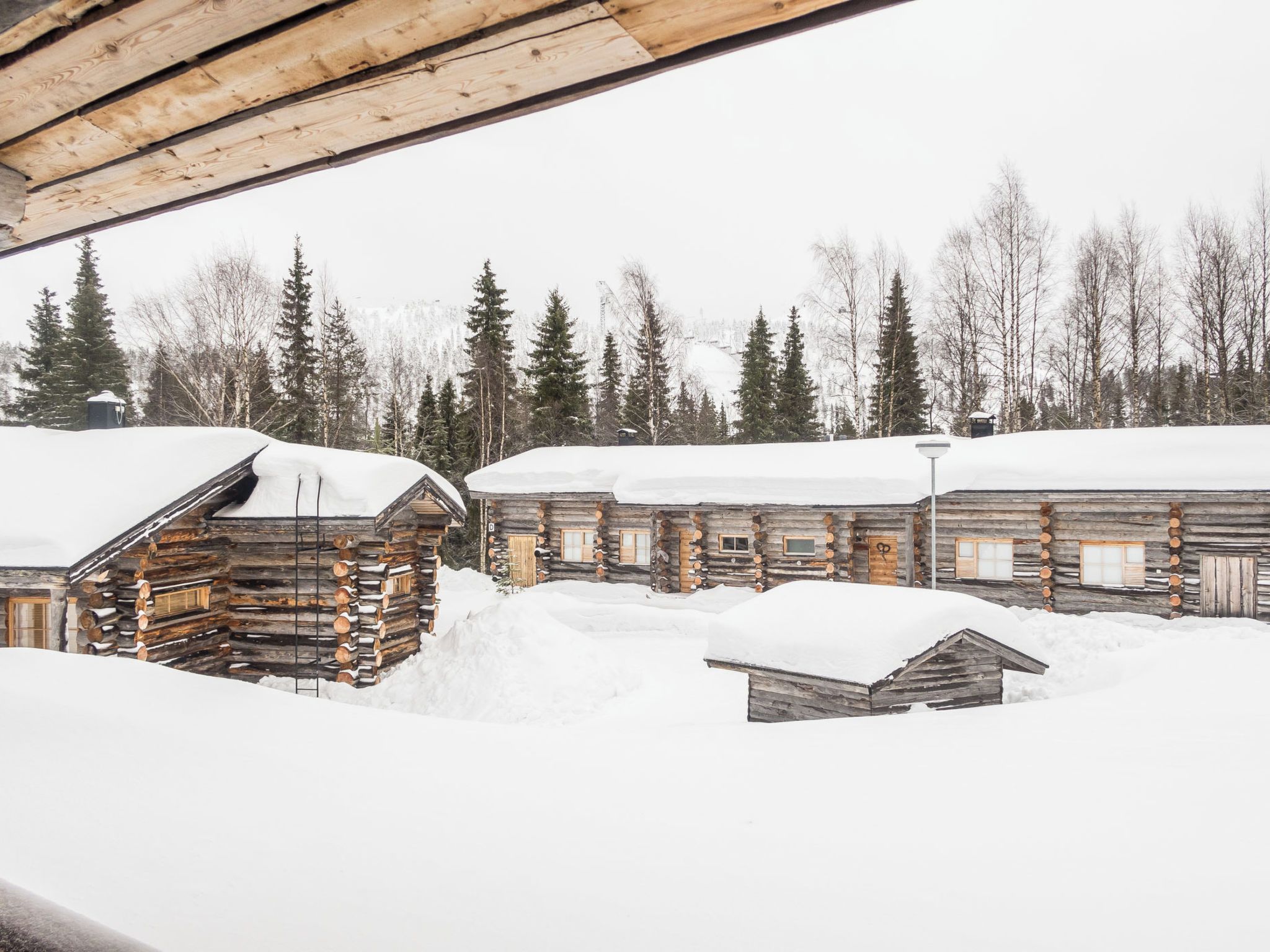 Een vakantiehuis van hout met een sneeuwbedekte dak, omgeven door een besneeerd landschap en bomen.