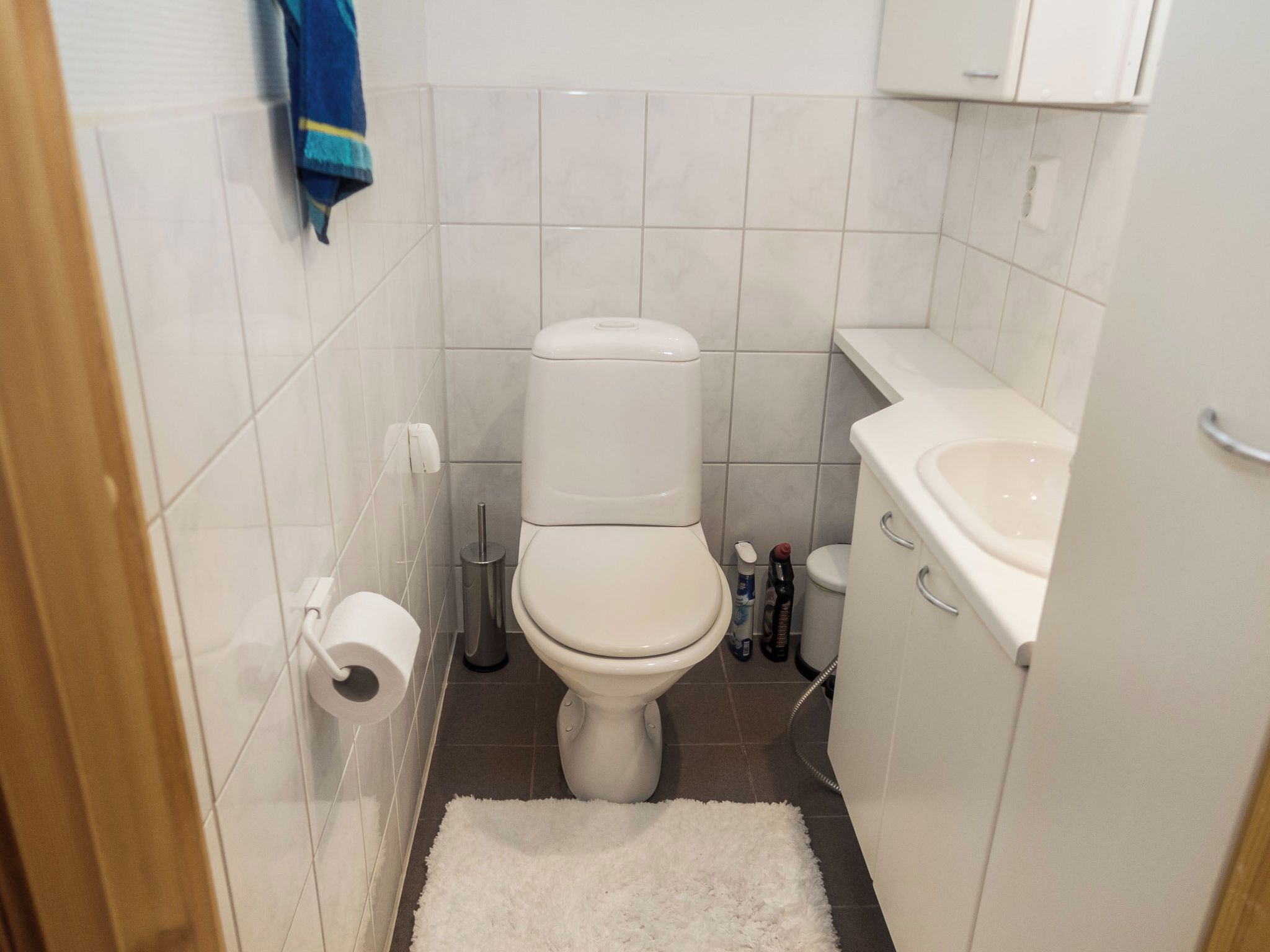 Pieni, käytännöllinen kylpyhuone, jossa on wc, pesuallas ja pyyheteline.