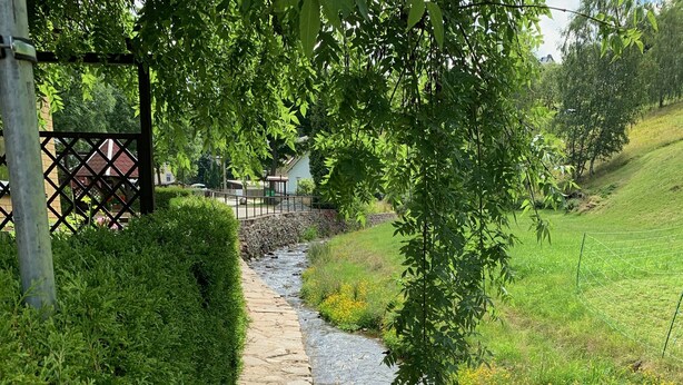 Un chemin de pierres bordant un petit ruisseau, avec une végétation luxuriante et une clôture en métal de chaque côté.