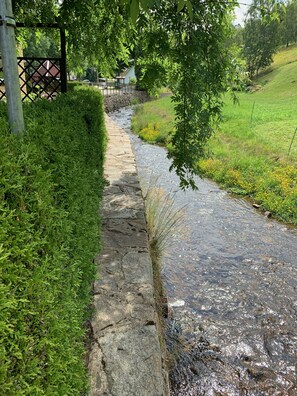 Un chemin de pierres bordant un petit ruisseau, avec une végétation luxuriante et une clôture en métal de chaque côté.