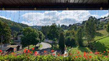 A view from a covered balcony with a wooden ceiling and hanging light bulbs, overlooking a winding road, green hills, and red flowers in the foreground.
