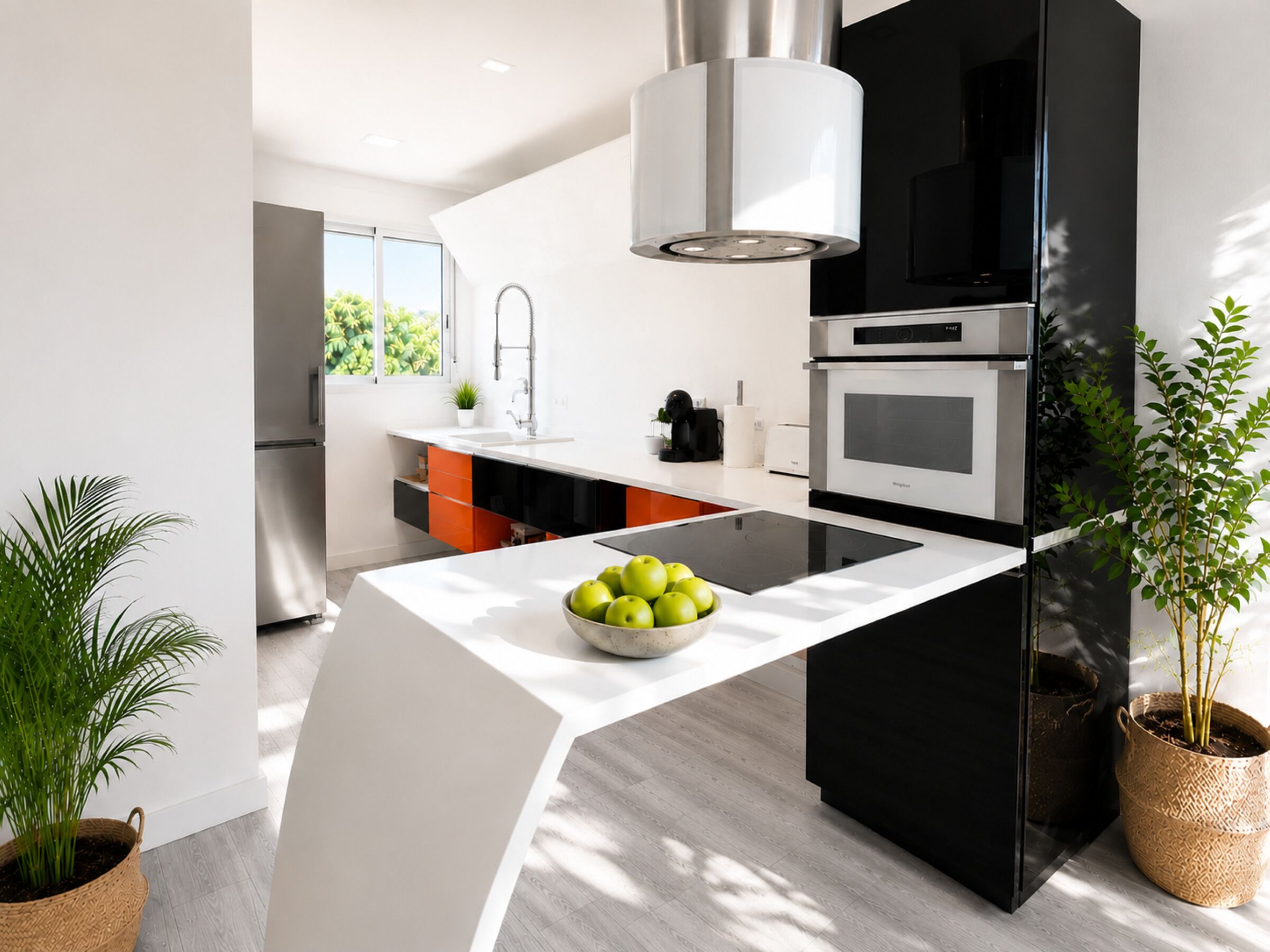 Een moderne keuken met een centraal eiland, een ingebouwde oven en een roestvrijstalen afzuigkap.