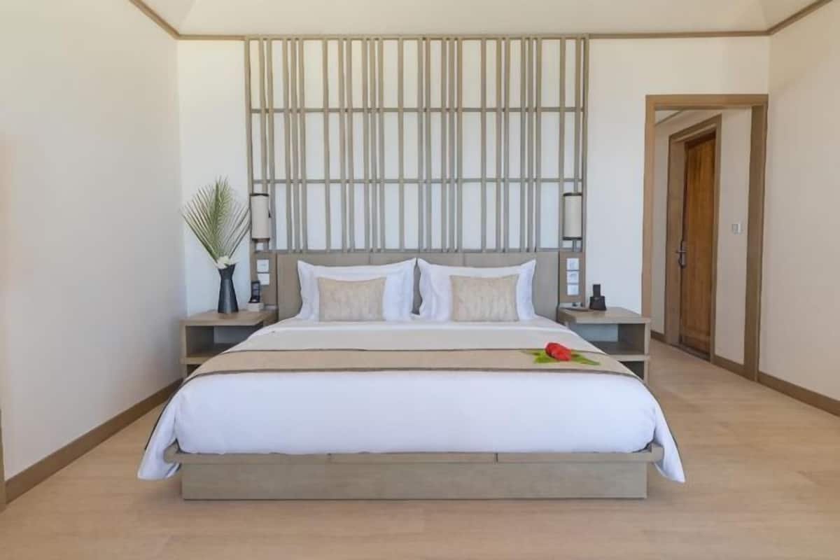 A modern hotel room with a large bed, wooden headboard, bedside tables, and a potted plant.