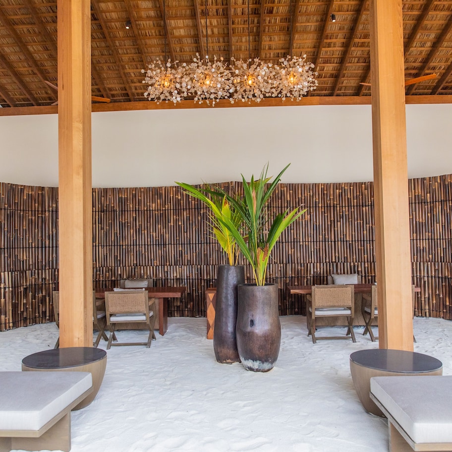A covered outdoor seating area with bamboo walls, large potted plants, and lounge chairs.