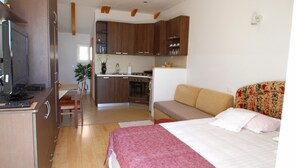 Une chambre de taille réduite comprenant un lit, une kitchenette et un petit coin salon.