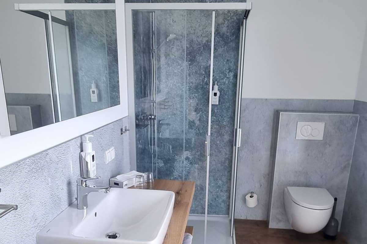 deluxe single room | bathroom | hair dryer, slippers, towels