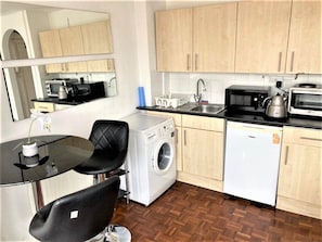 Fridge, microwave, oven, electric kettle