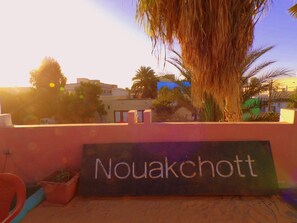 A sign with the name "Nouakchott" on a wall, with a palm tree and buildings in the background.