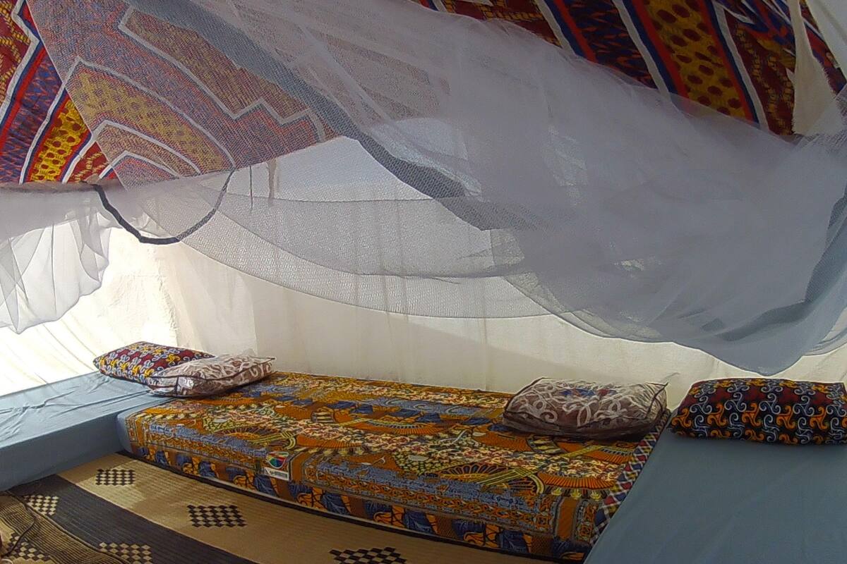A room with a bed covered in colorful patterned bedding, a mosquito net, and a view of the outside.
