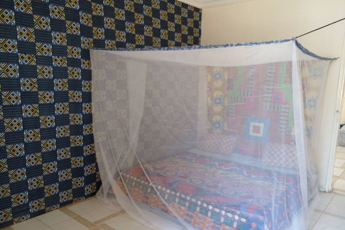 A room with a bed covered by a mosquito net, a patterned wall, and a tiled floor.