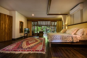 A bedroom with a bed, a television, a large rug, and a window with curtains.