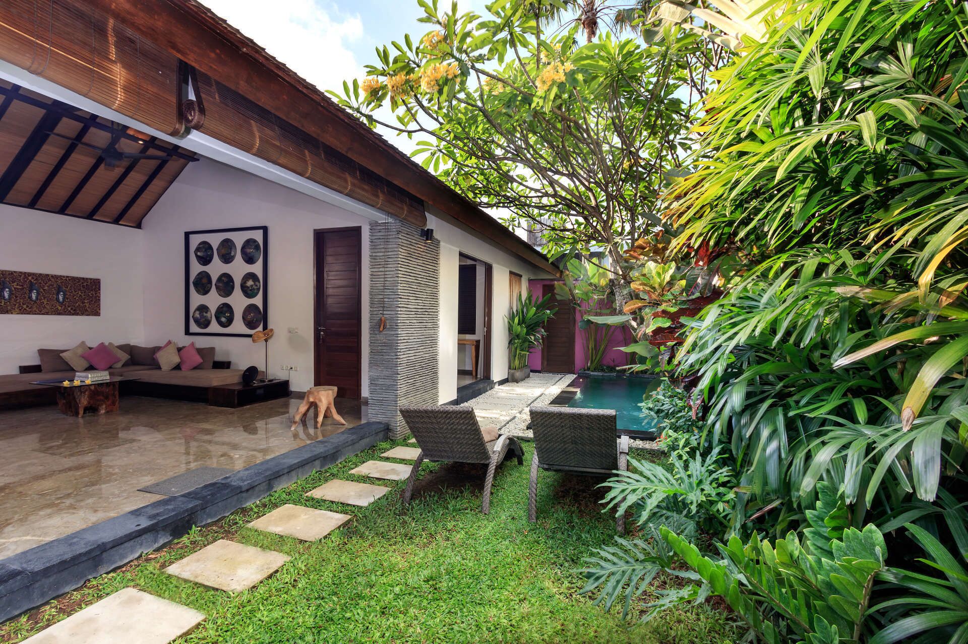 Une maison moderne dotée d’un patio couvert, d’une petite piscine et d’une végétation luxuriante.