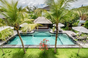 A pool area with palm trees, a thatched-roof structure, and lounge chairs.