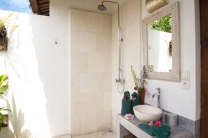 Une salle de bain avec une douche, un lavabo et un miroir.