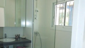 Une salle de bain avec une douche à parois de verre, un lavabo et un miroir.