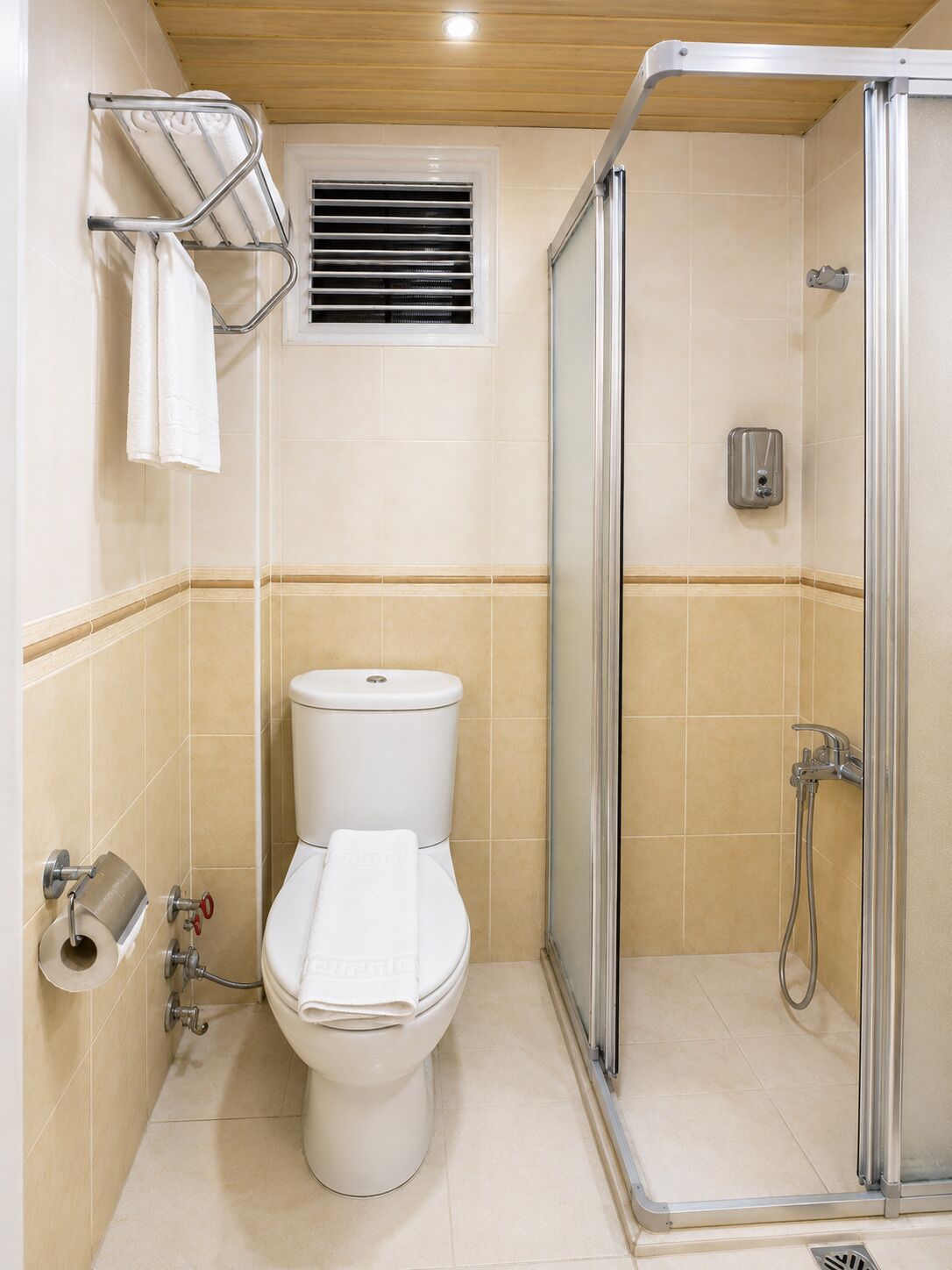 A bathroom with a toilet, a shower, and a towel rack.