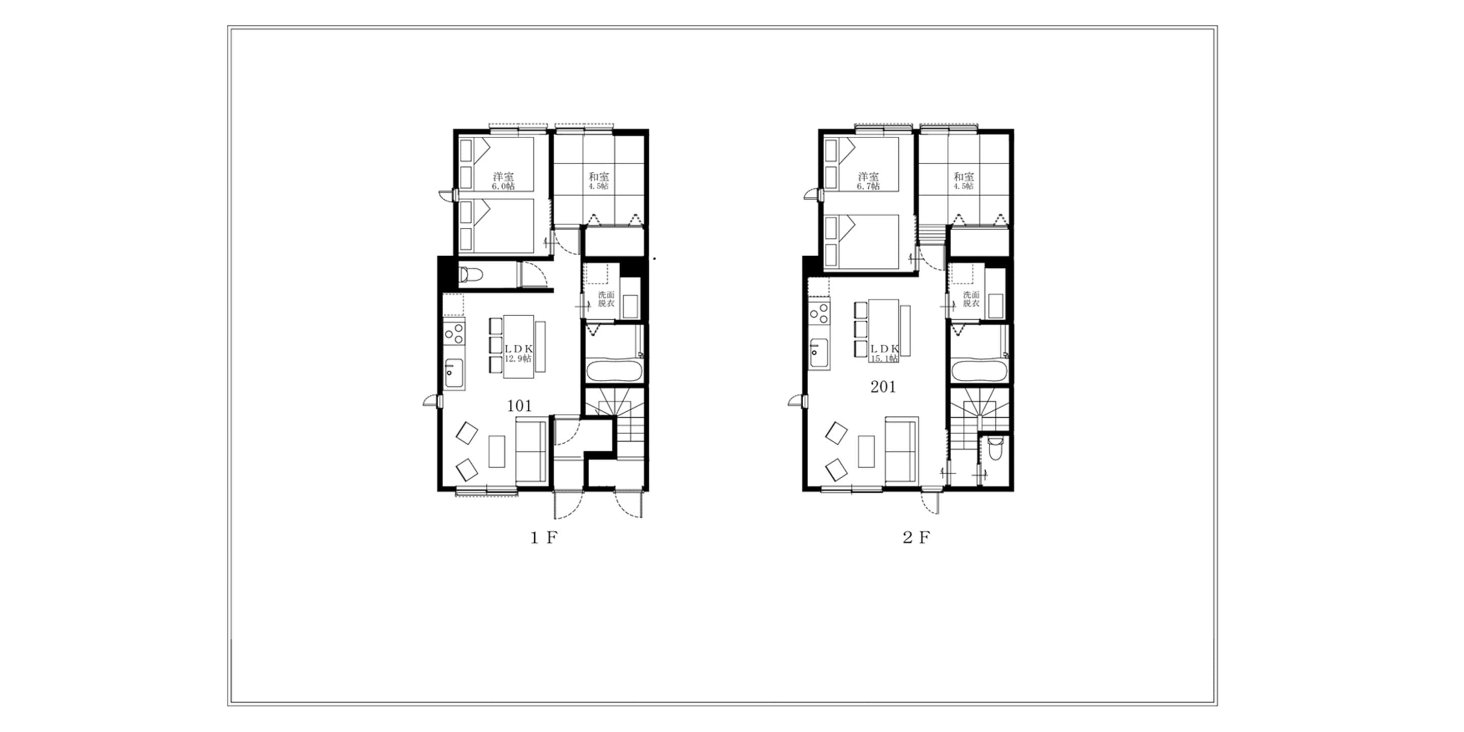Dos planos de planta de un hotel con varias habitaciones, incluyendo dormitorios, baños y una zona de cocina.