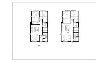 Dos planos de planta de un hotel con varias habitaciones, incluyendo dormitorios, baños y una zona de cocina.