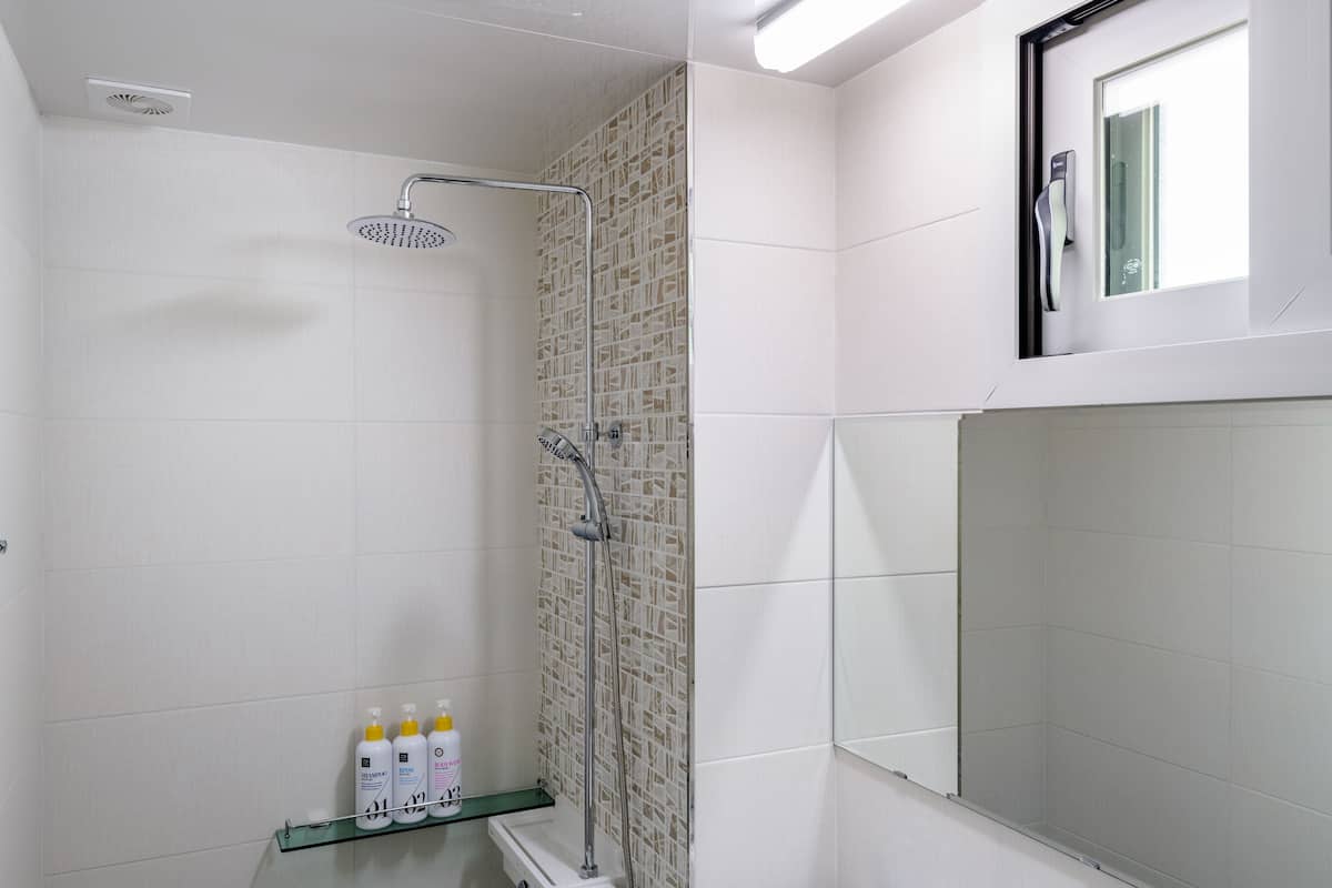 Dusche, kostenlose Toilettenartikel, Haartrockner, Handtücher