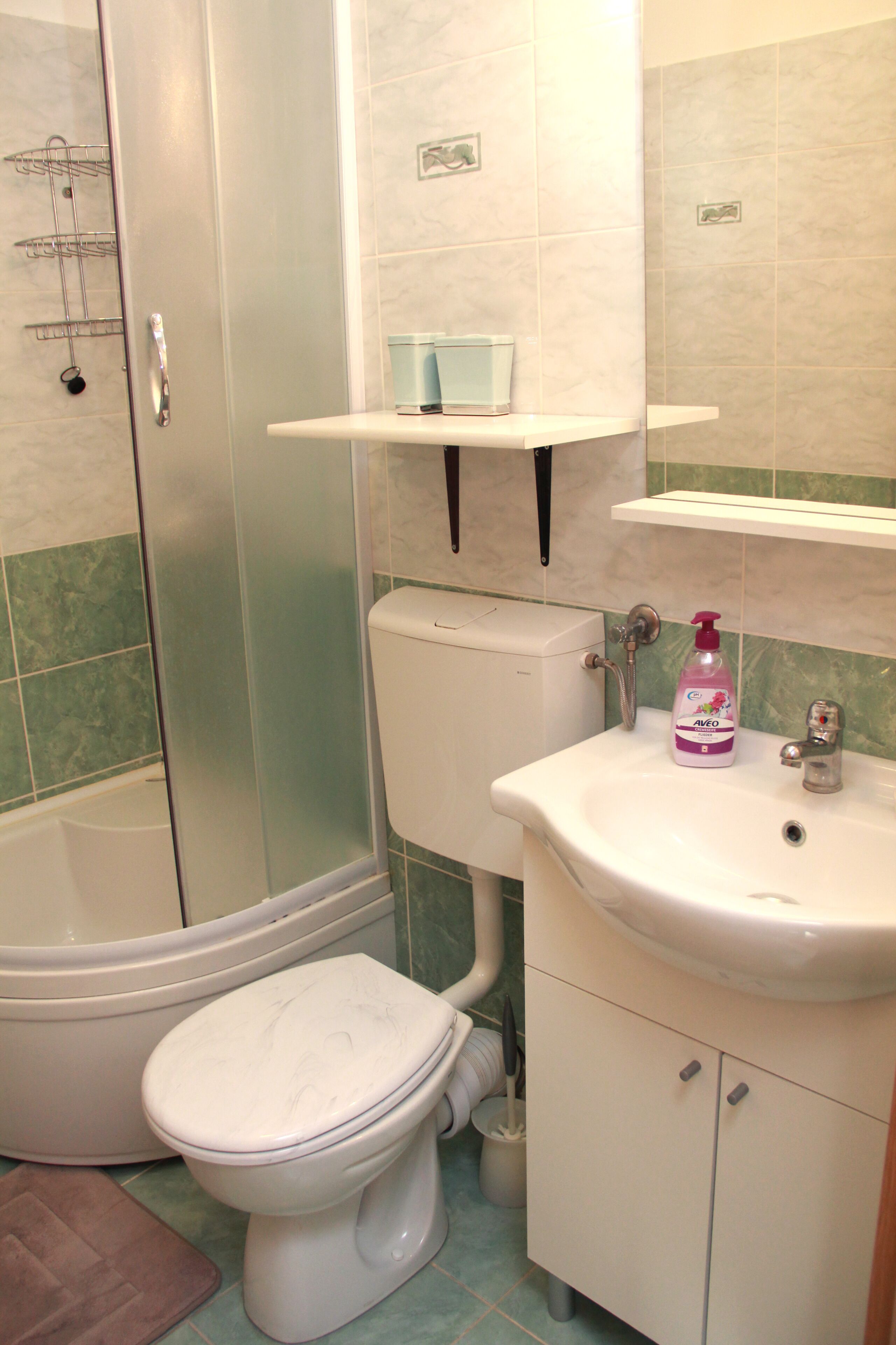 Un baño con inodoro, lavabo, ducha y un armario.