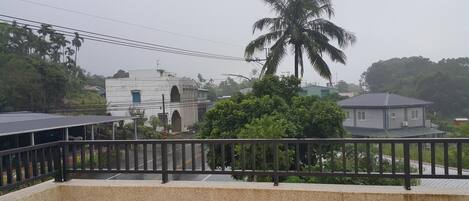 A residential area with a white building, a palm tree, and a house with a grey roof.
