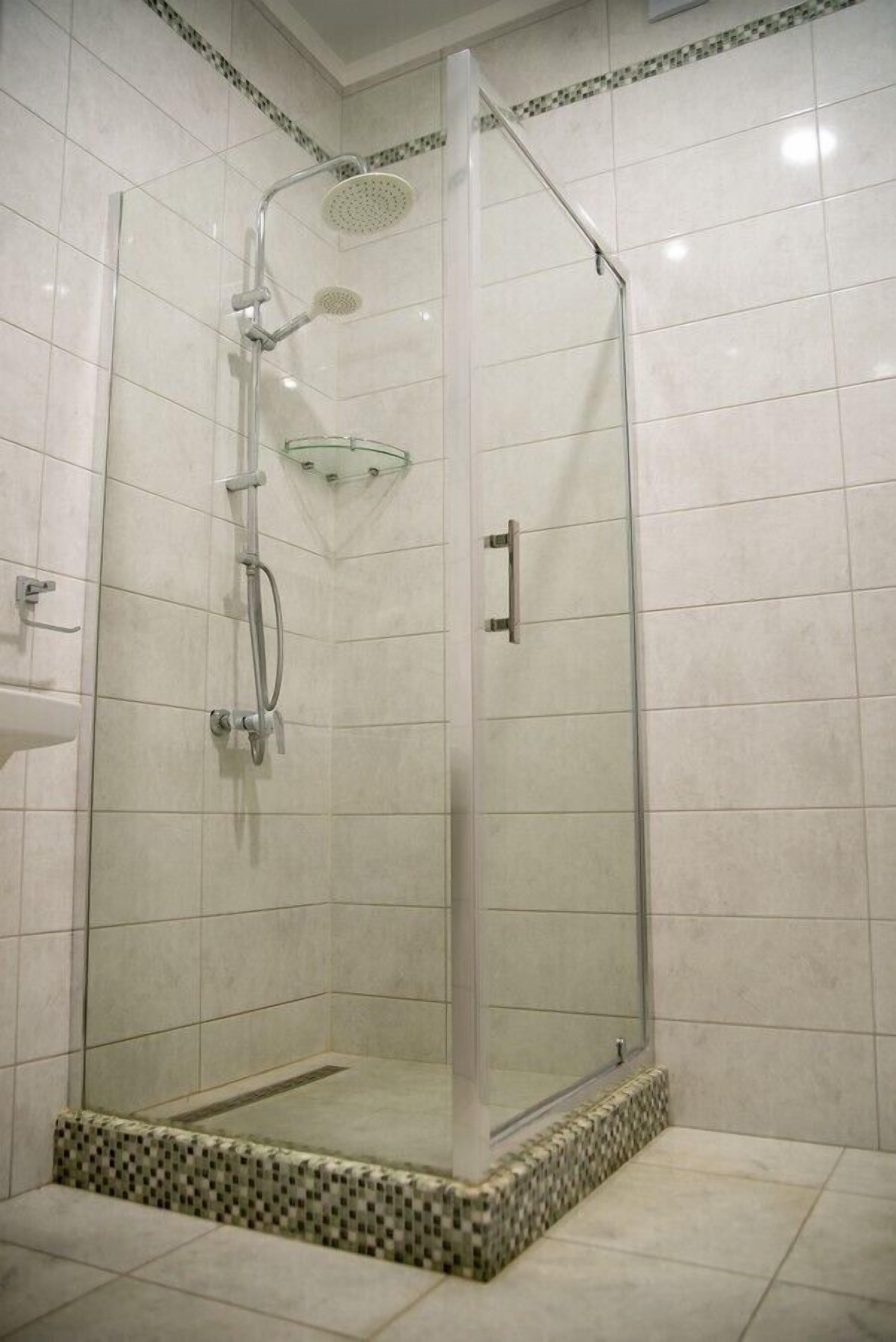 A glass-enclosed shower stall with a handheld showerhead and a wall-mounted rain showerhead.