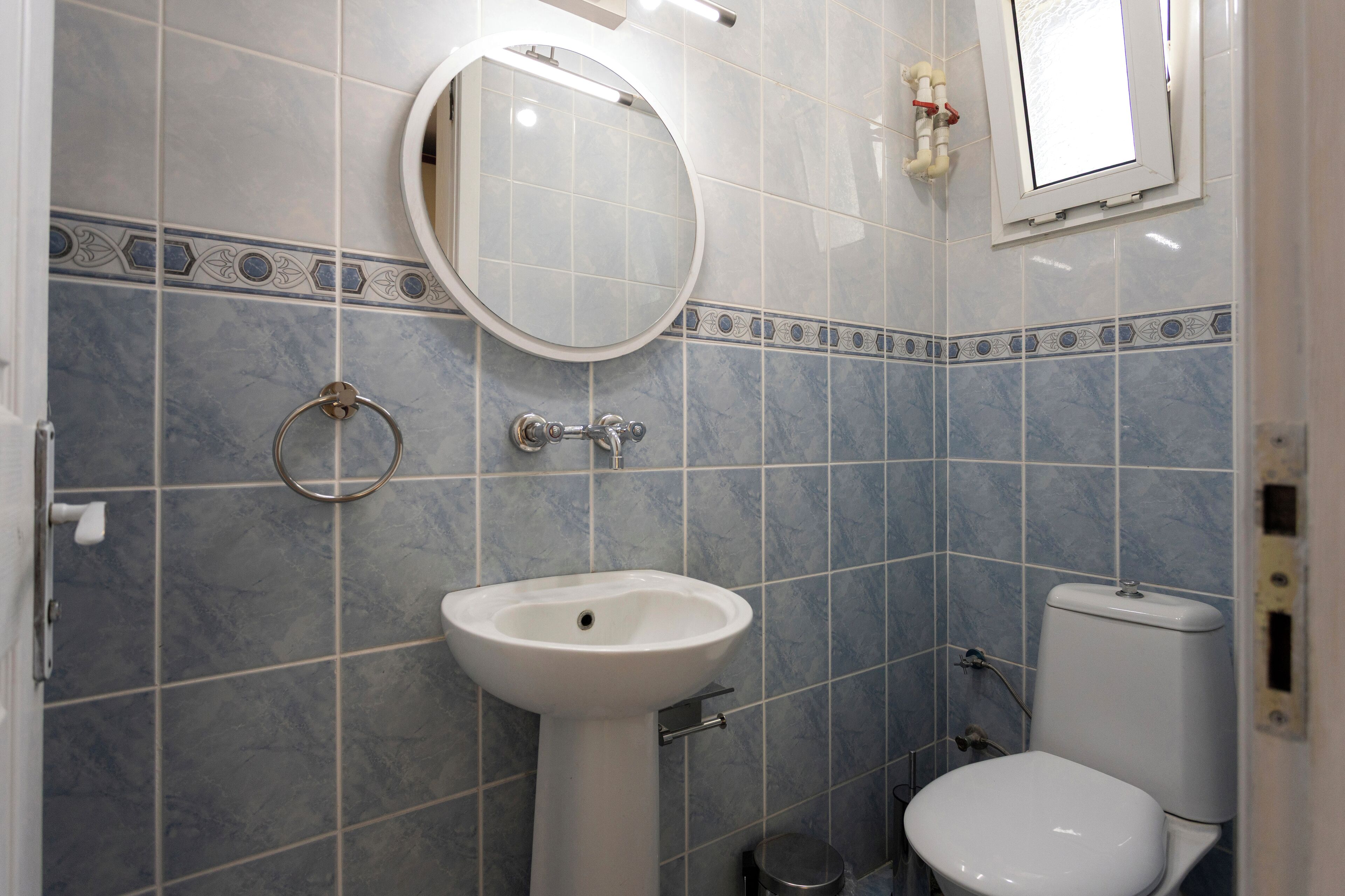 Une salle de bain avec un lavabo sur colonne, des toilettes et un miroir.