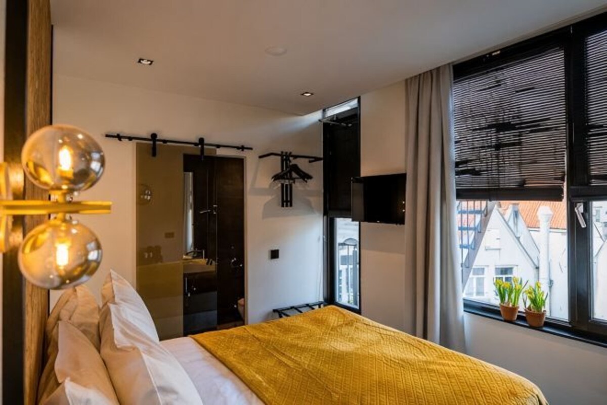 A modern bedroom with a bed, a mirror, a TV, and a window with blinds.