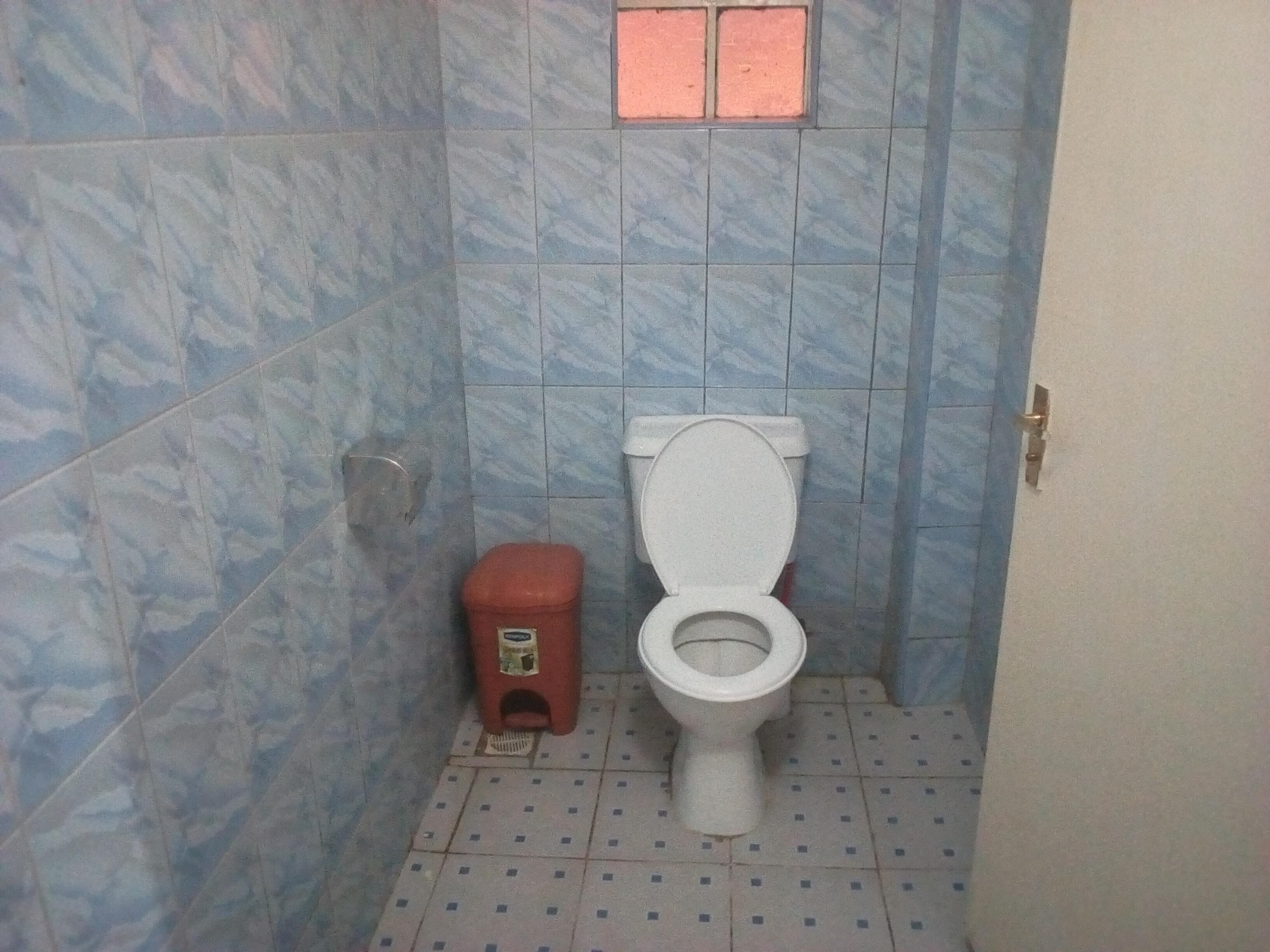 A small bathroom with a toilet, a red trash bin, and a window.