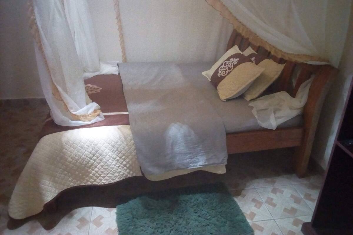 A single bed with a canopy, a quilted mattress, and a green rug on the floor.