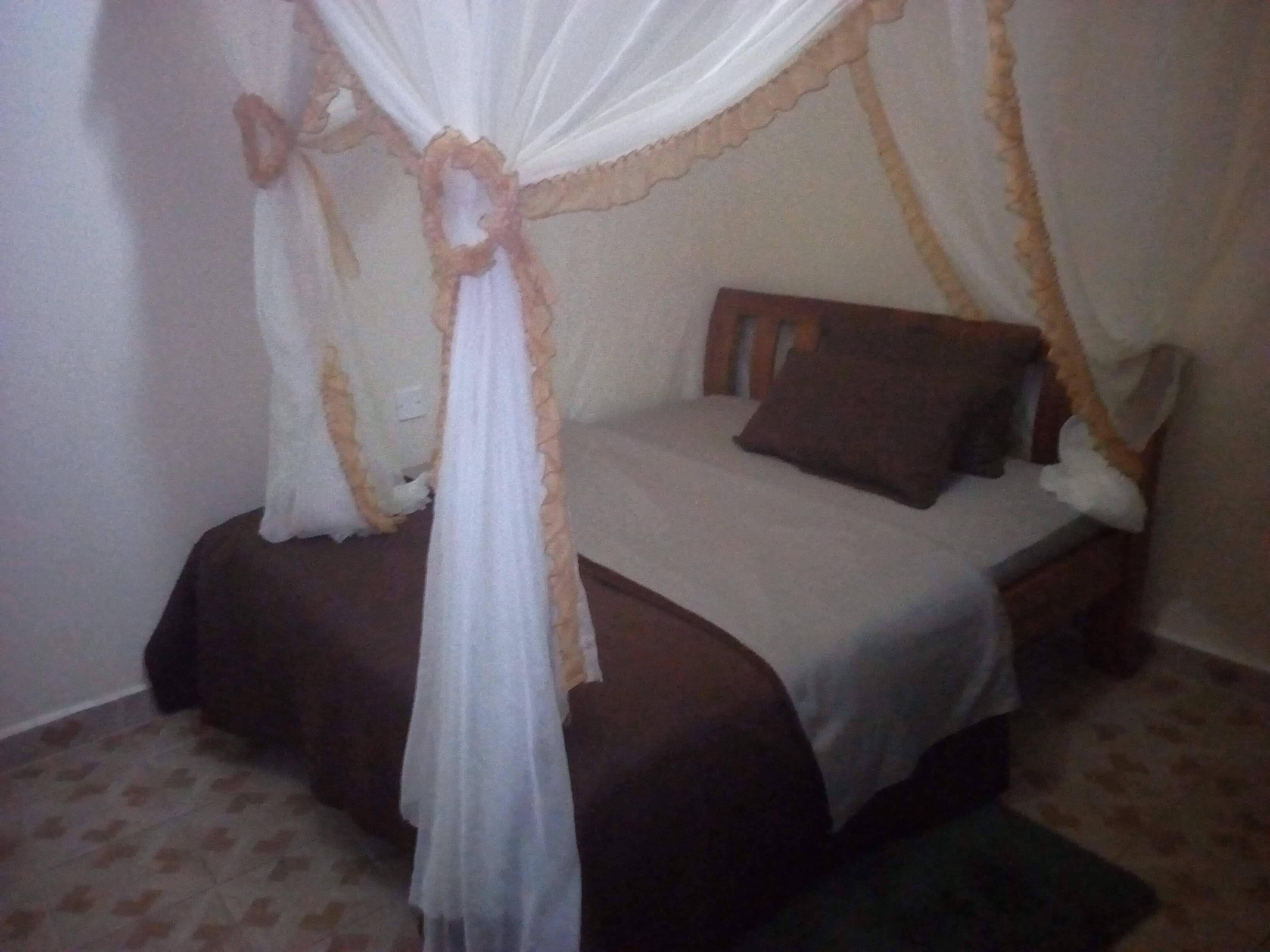 A single bed with a canopy, a pillow, and a bedside table.