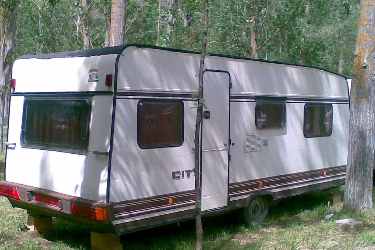 Un camping-car était stationné dans une zone boisée.