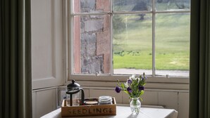 A round table with a white tablecloth, a wooden chair, a window with a view of a green field, and a vase with flowers. - Thirlestane Castle (Lauder)
