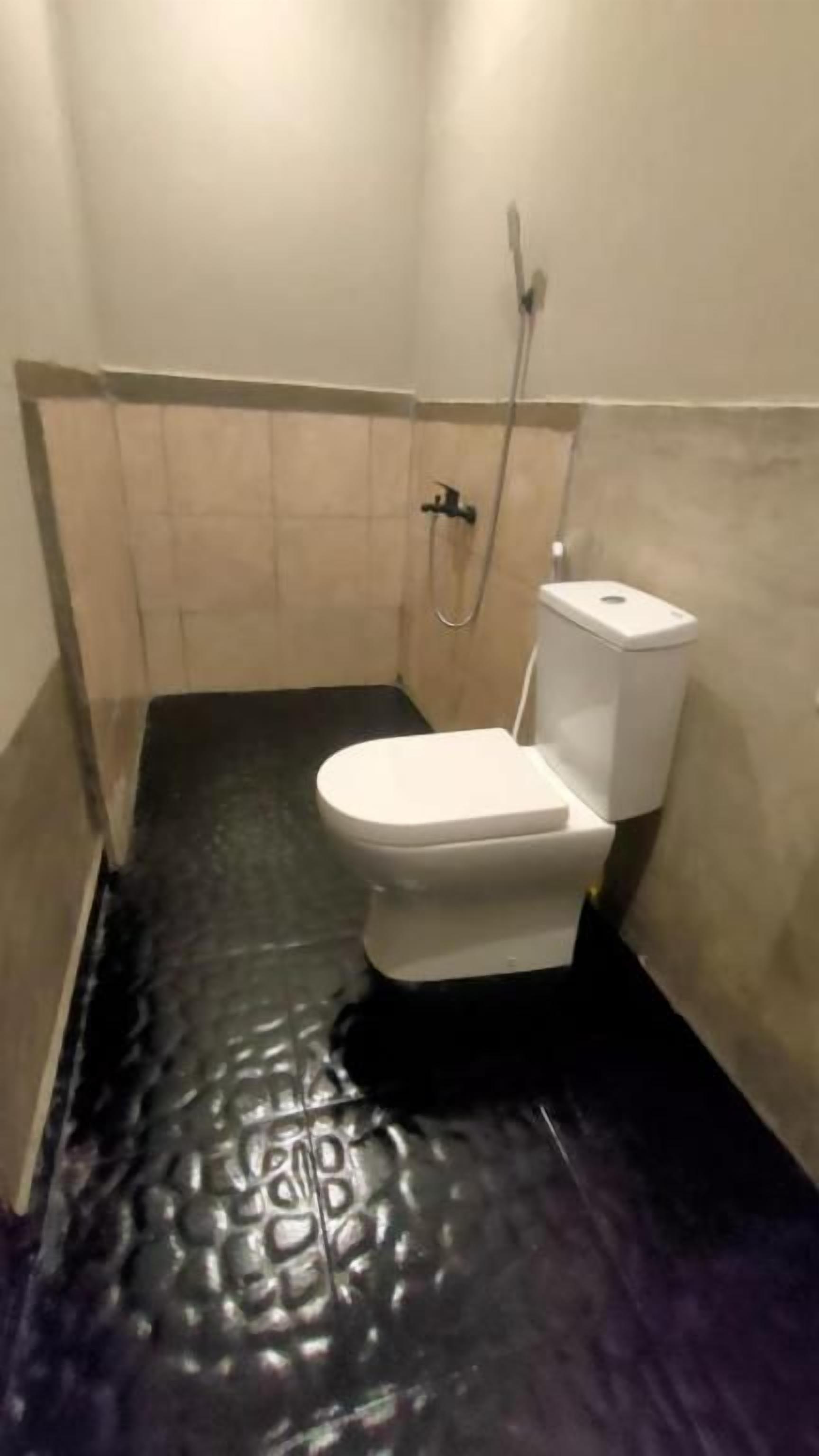A small, narrow bathroom with a toilet and a shower.