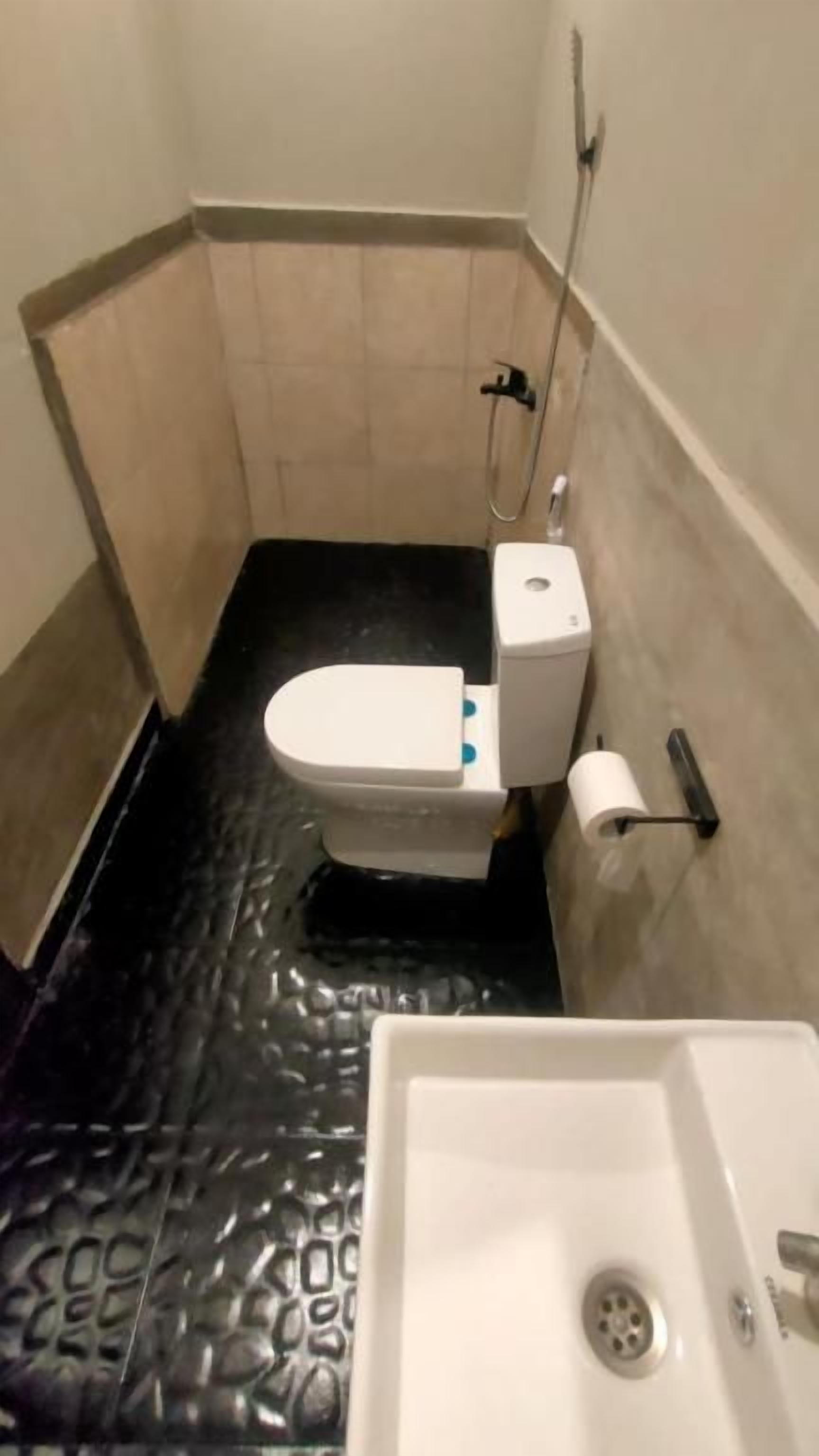 A small bathroom with a toilet, a sink, and a shower.