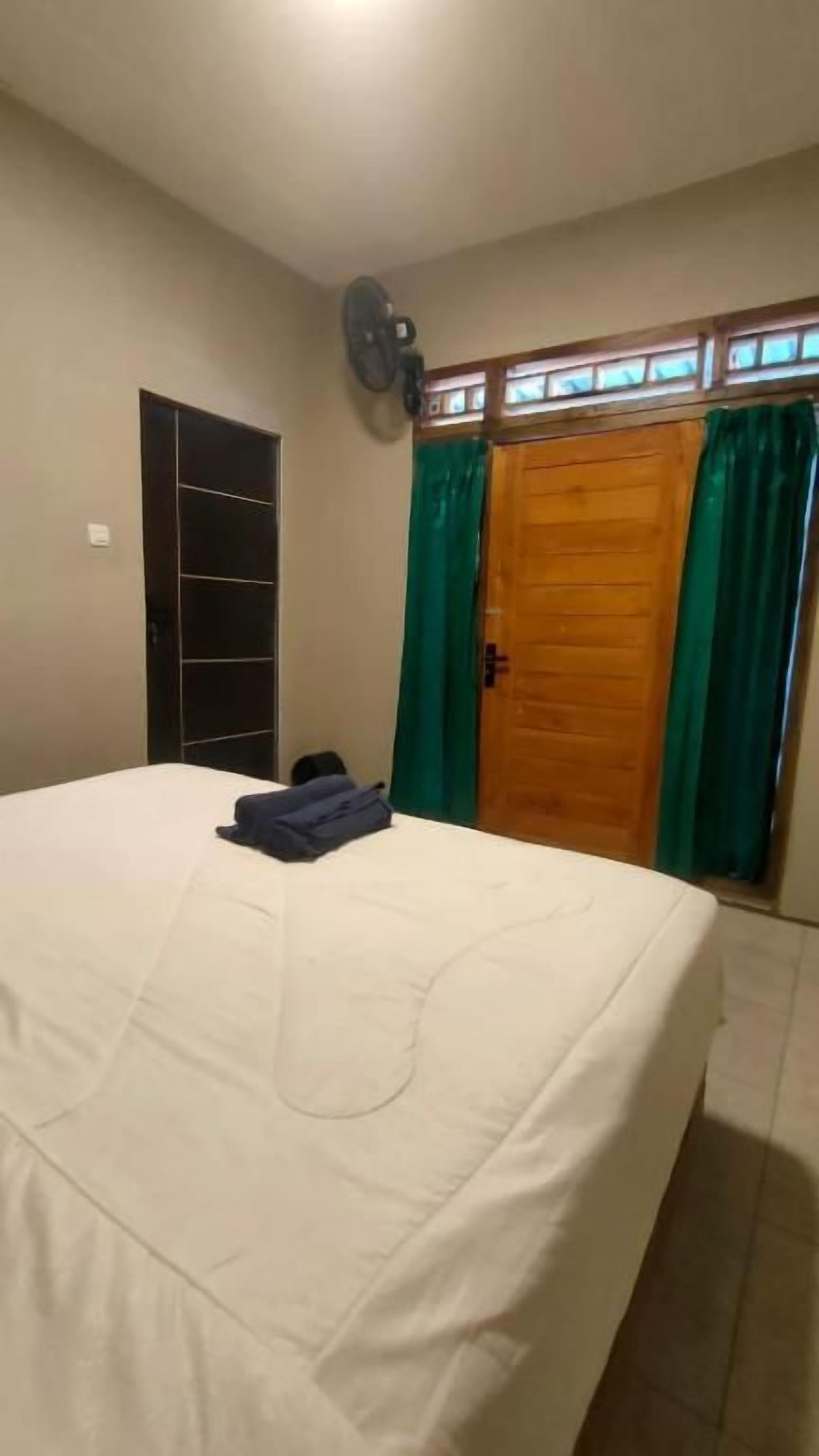 A bedroom with a bed, a fan, a wooden door with curtains, and a closet.