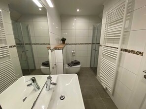 Shower, hair dryer, towels, toilet paper