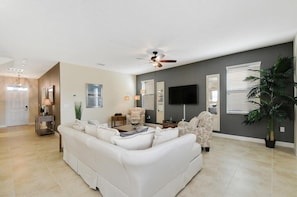 Family Villa, Hot Tub, Garden Area | Living room | Flat-screen TV, video-game console