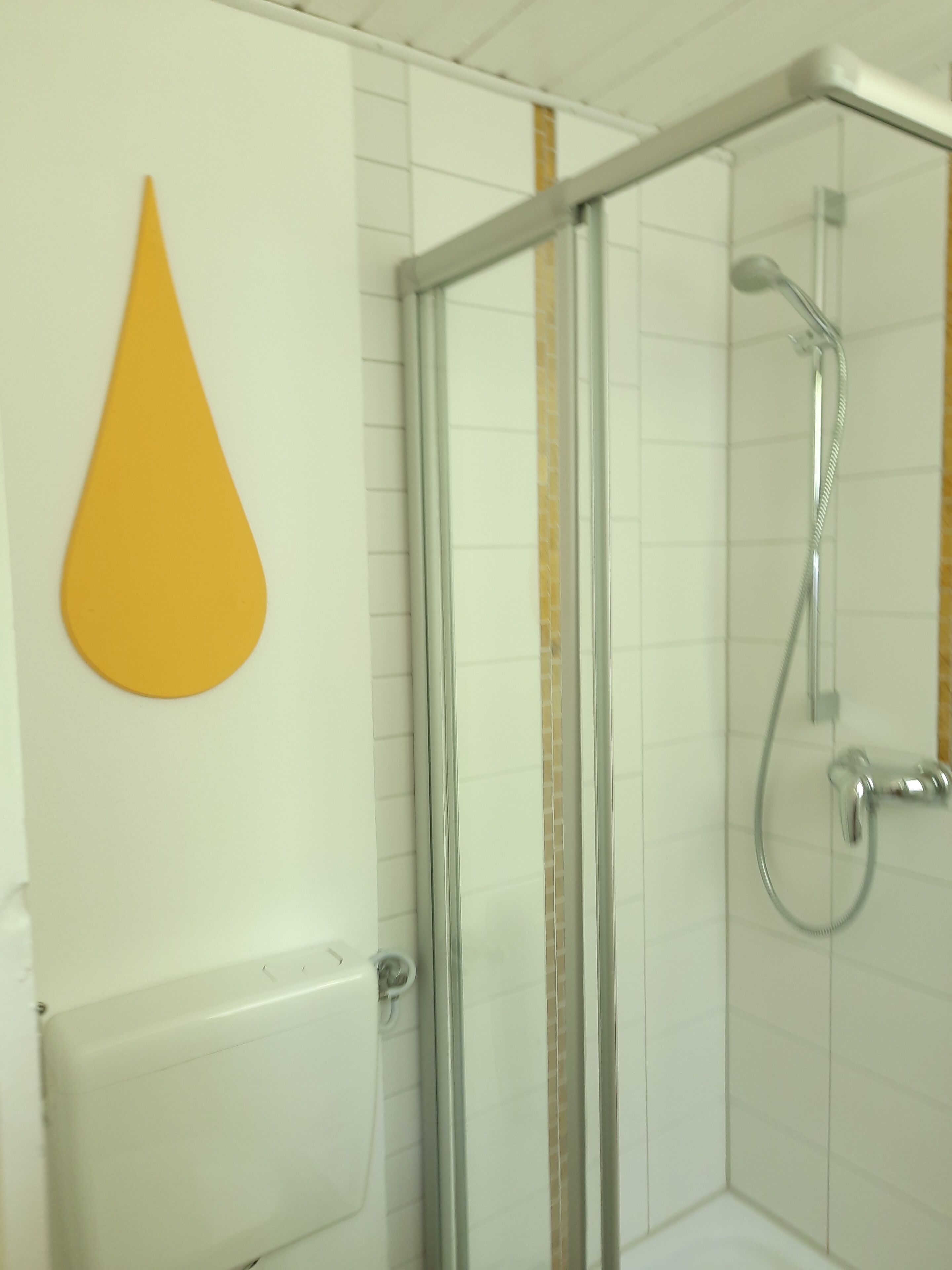 Een douche, een haardroger, zeep, toiletpapier