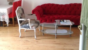 Een woonkamer met een rode bank, een fauteuil met een patroon, een kleine tafel met een afstandsbediening en een schilderij aan de muur.