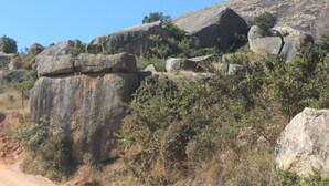 A rugged landscape with large boulders and sparse vegetation. - African Violet (Mbabane)
