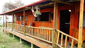 A wooden cabin with a porch, a hanging plant, and a window.