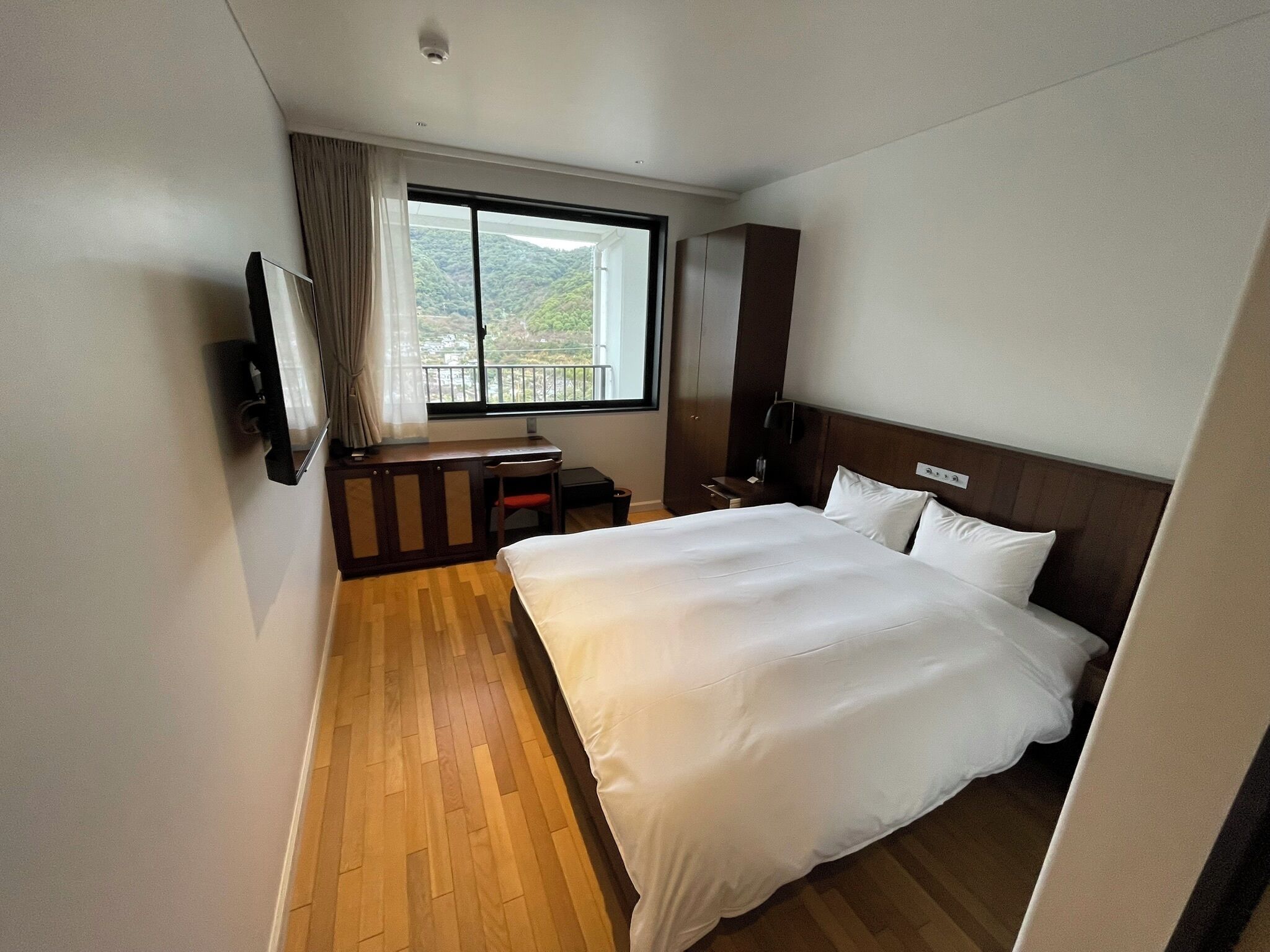 Camera d'albergo con un letto grande, una scrivania, una sedia, una televisione e una finestra con vista sul verde.