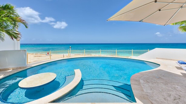 A swimming pool with a view of the ocean, a lounge area, and a palm tree. - Dream Villa Shore Point 553 (Lowlands)