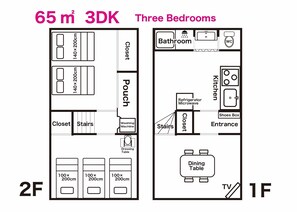 A floor plan of a 3DK apartment with three bedrooms, two bathrooms, a dining area, and a TV.