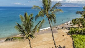 A beach with clear blue water, palm trees, and a distant mountain. - Beachfront Wailea condo w/ ocean views and lanai (Wailea)